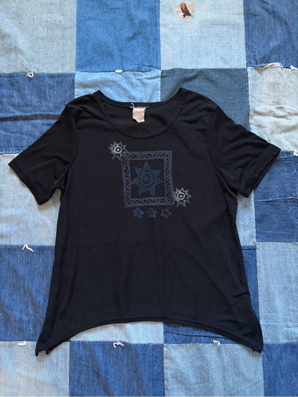 90s y2k Vintage asymmetrical black top spiral 
 sun floral design blue silver M